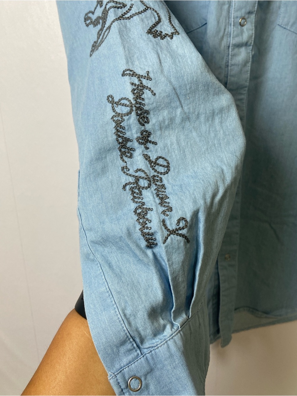 House of Darwin Western Shirt XL Embroidered Snap Button Blue Boho Linen Blend - Picture 3 of 8